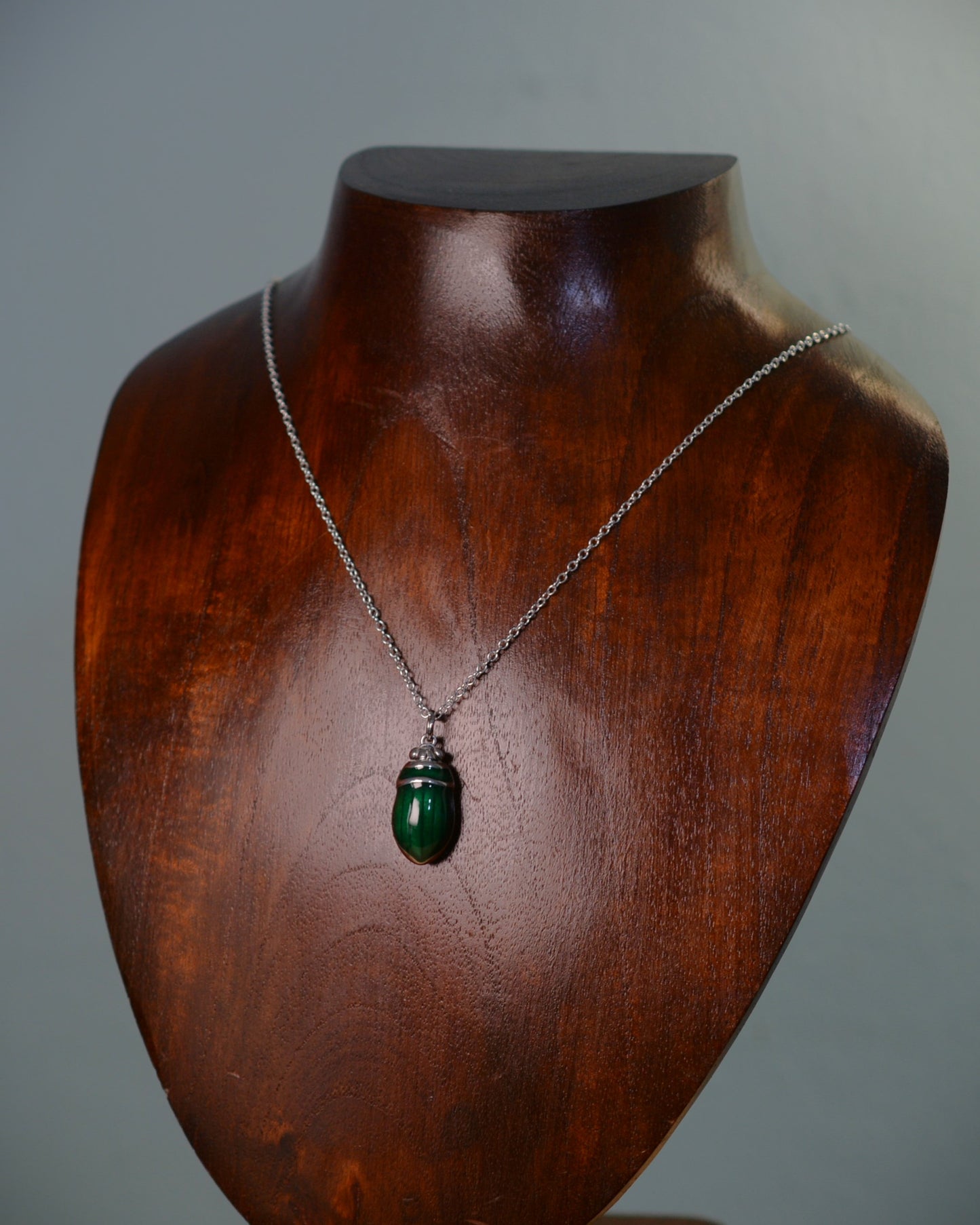 Mallard green beetle pendant. Enamelled silver diving beetle necklace.