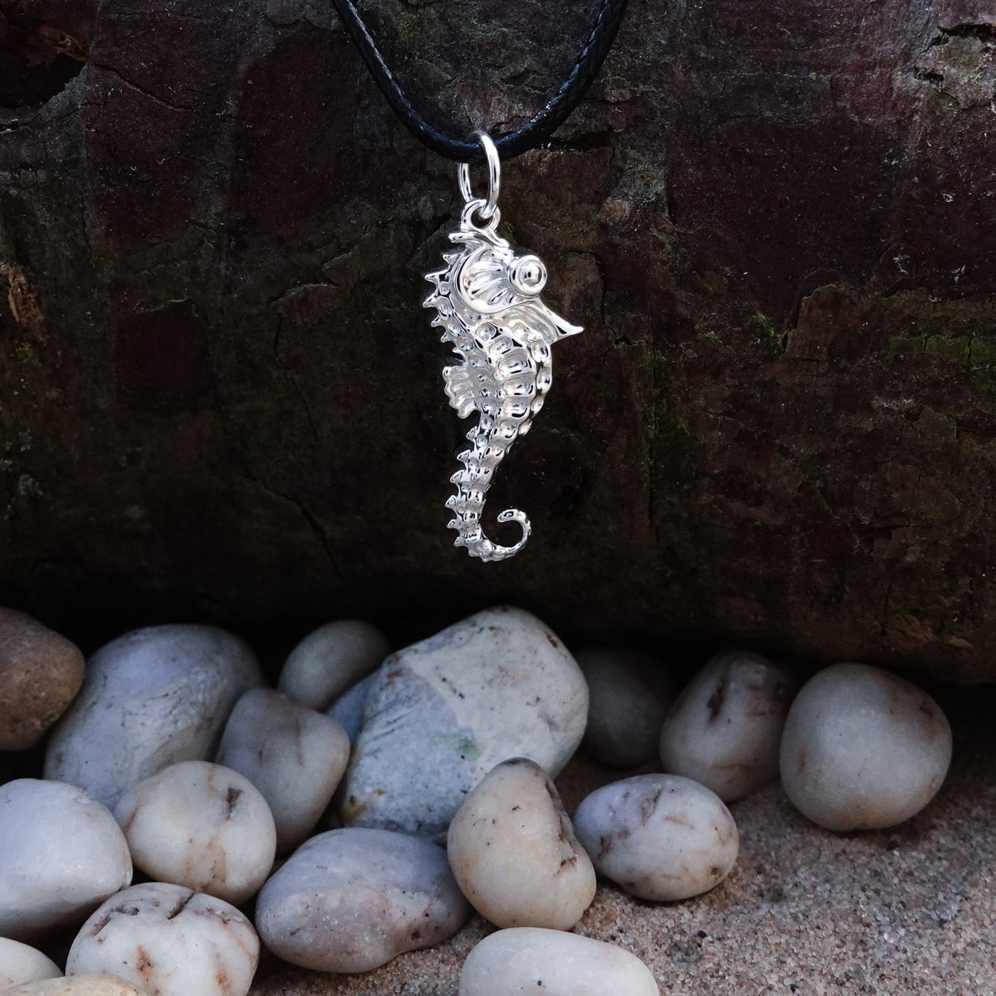 Seahorse necklace. Made from highly polished, tarnish resistant silver, strung on a strong cord. © Adrian Ashley