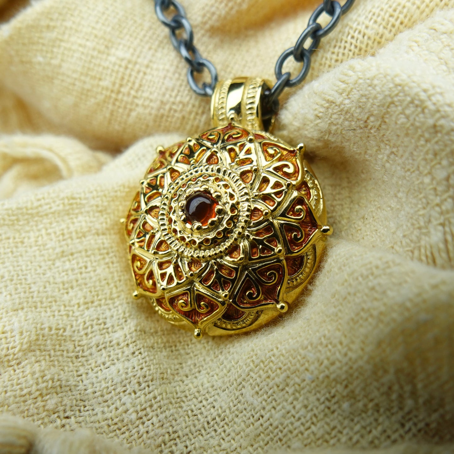 Gold mandala necklace. Solid gold meditation, yoga or mindfulness amulet on a blackened silver chain. *This piece is finished and ready to be shipped*