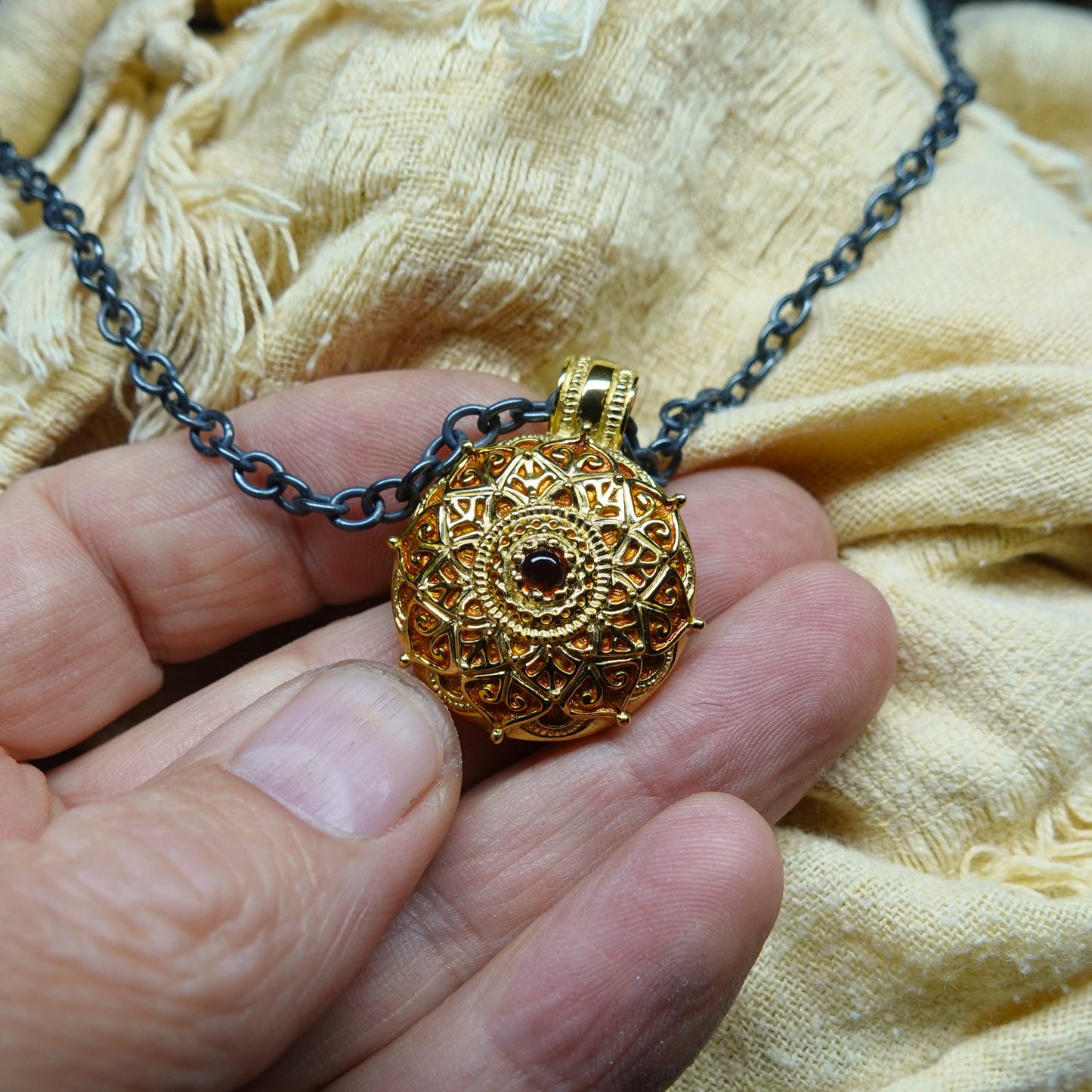 Gold mandala necklace. Solid gold meditation, yoga or mindfulness amulet on a blackened silver chain. *This piece is finished and ready to be shipped*