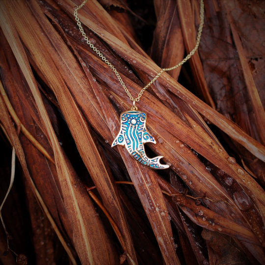 Tattoo whale shark necklace. Gold and diamond whale shark pendant with a blue patina. Handmade to order. © Adrian Ashley