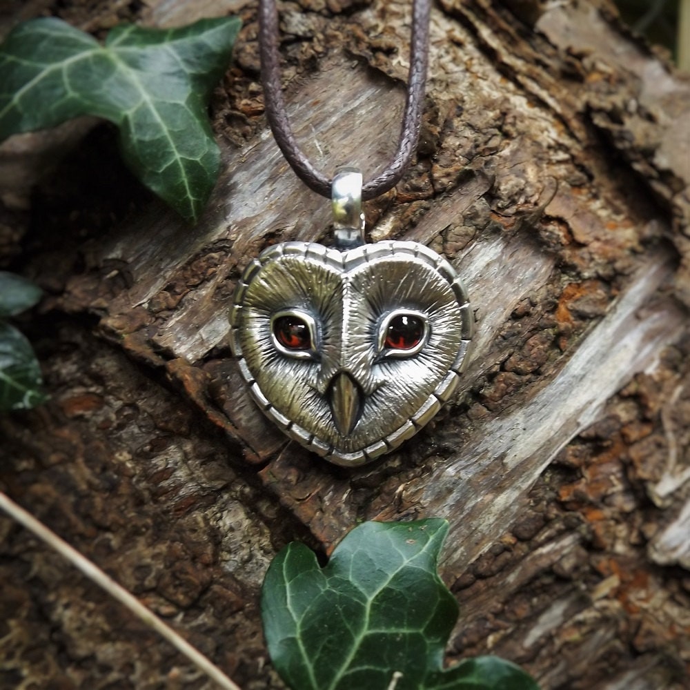 Barn Owl necklace, large sterling silver Barn Owl pendant with garnet eyes. Handmade to order © Adrian Ashley