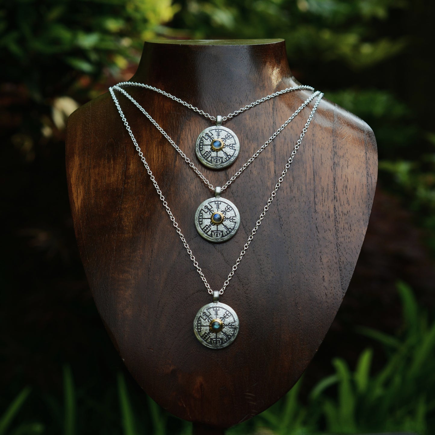 Platinum plated silver Vegvísir or Viking compass pendant with a gemstone quality feldspar in a gold vermeil setting on a solid silver chain
