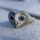 Silver and sapphire owl ring, platinum plated sterling silver barn owl with sapphire eyes. *This piece is ready to be shipped*© Adrian Ashley
