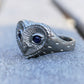 Silver and sapphire owl ring, platinum plated sterling silver barn owl with sapphire eyes. *This piece is ready to be shipped*© Adrian Ashley