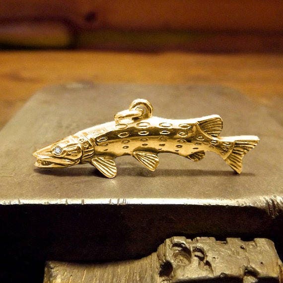 Gold pike necklace, gold and diamond pike fishing pendant, hand