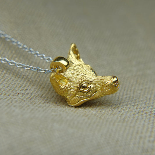 Solid 22ct gold fox pendant and platinum chain. Handmade to order.