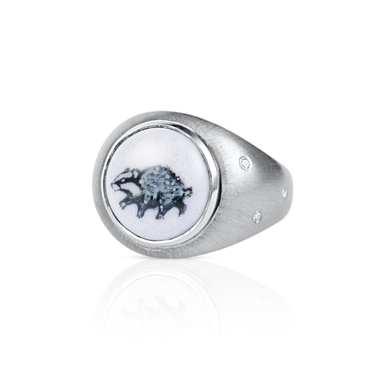 Enamelled badger ring set with diamonds