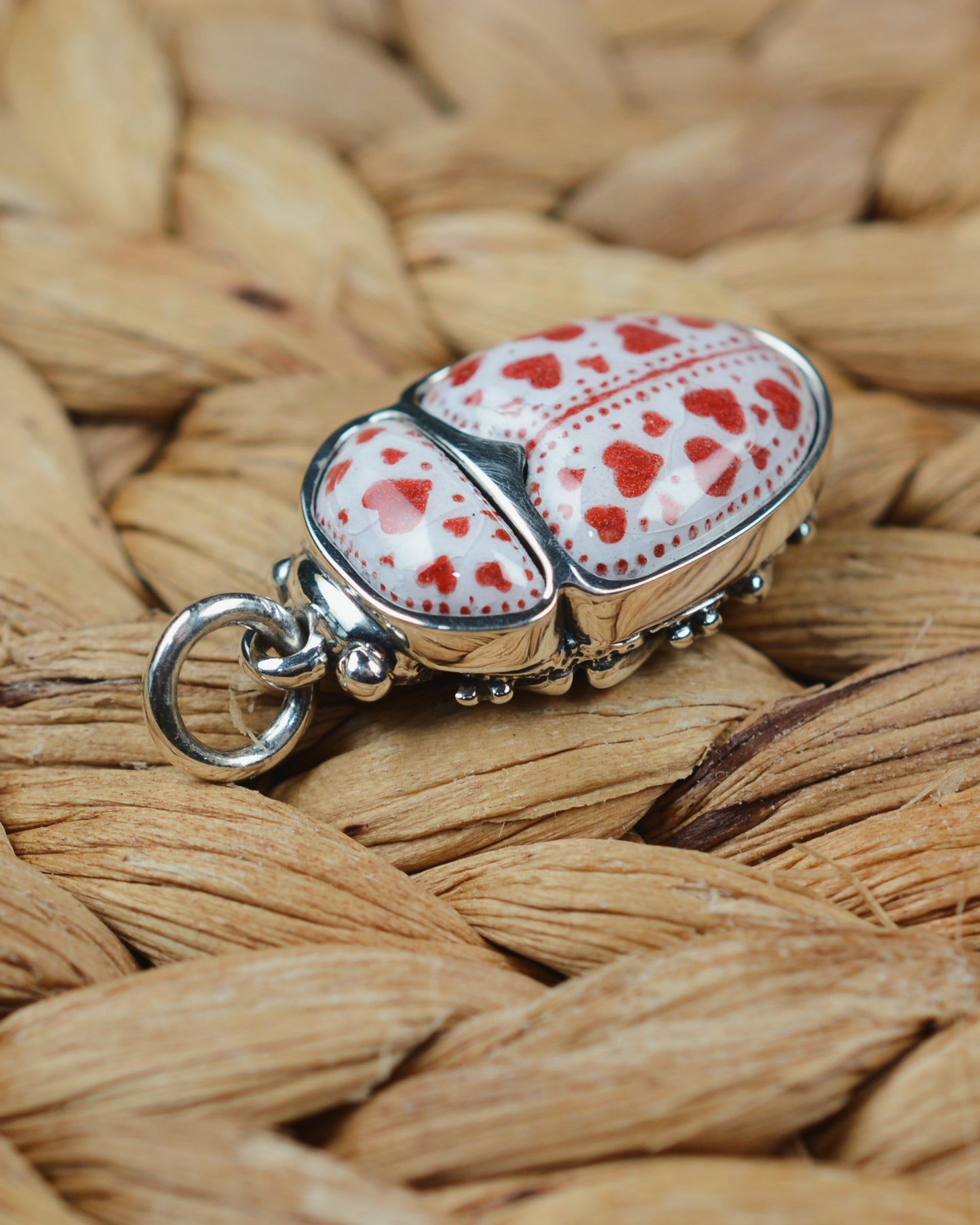 Love Bug pendant. Enamelled silver beetle necklace.