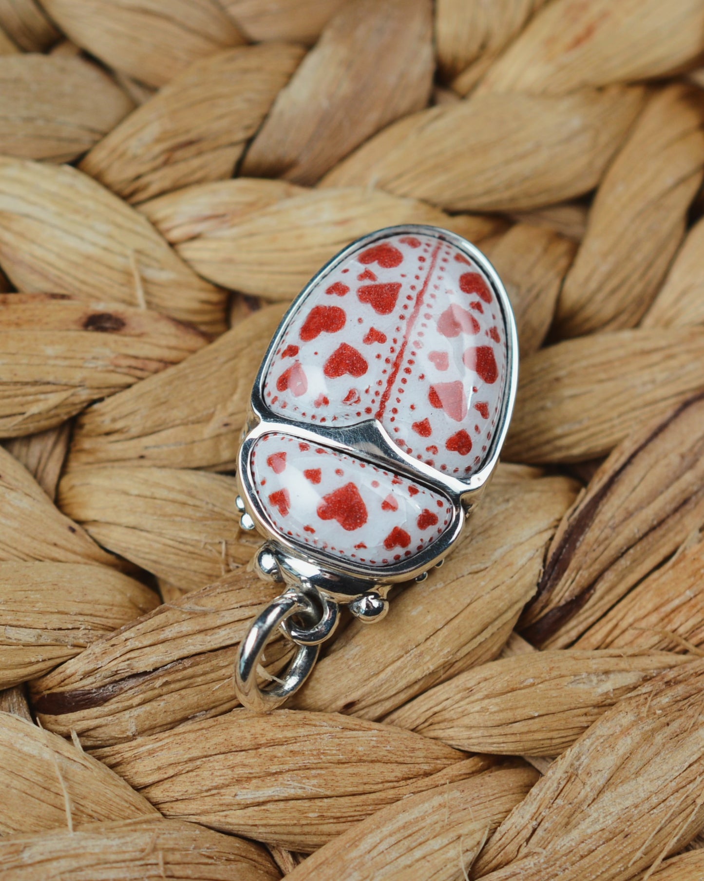 Love Bug pendant. Enamelled silver beetle necklace.