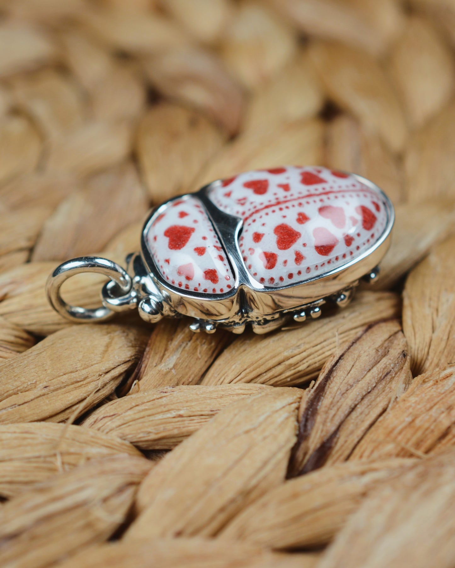 Love Bug pendant. Enamelled silver beetle necklace.