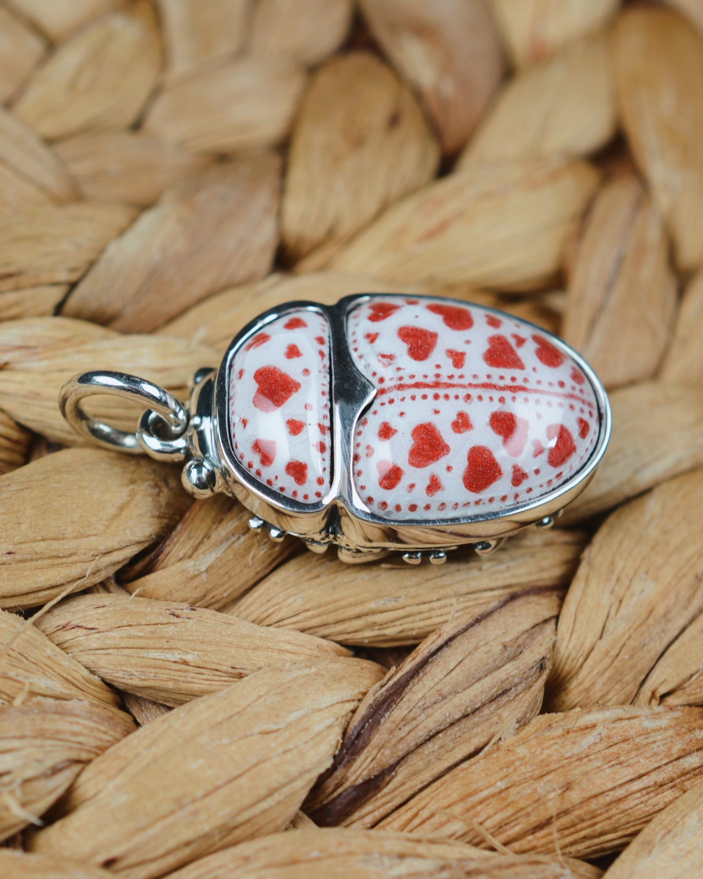 Love Bug pendant. Enamelled silver beetle necklace.