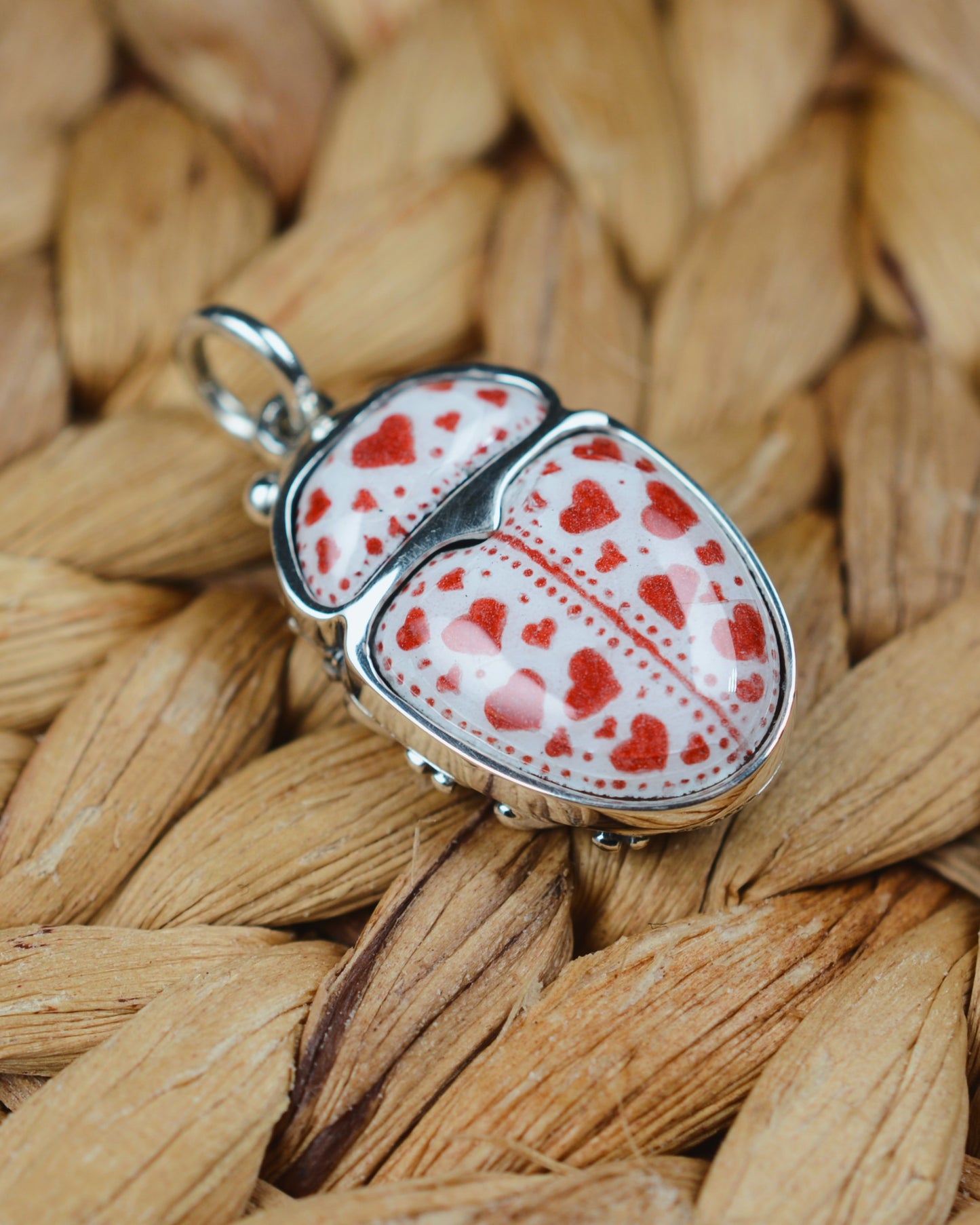 Love Bug pendant. Enamelled silver beetle necklace.