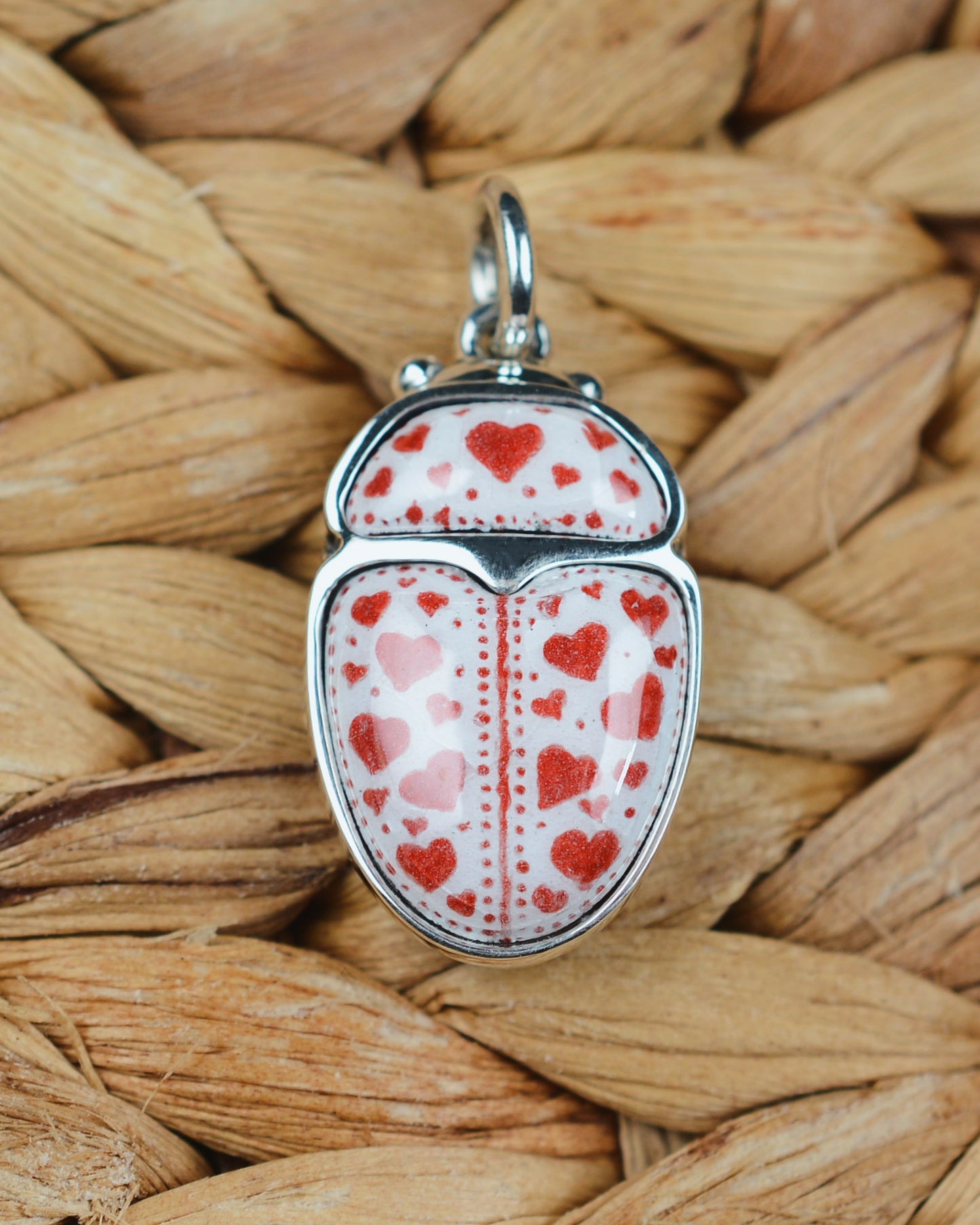 Love Bug pendant. Enamelled silver beetle necklace.