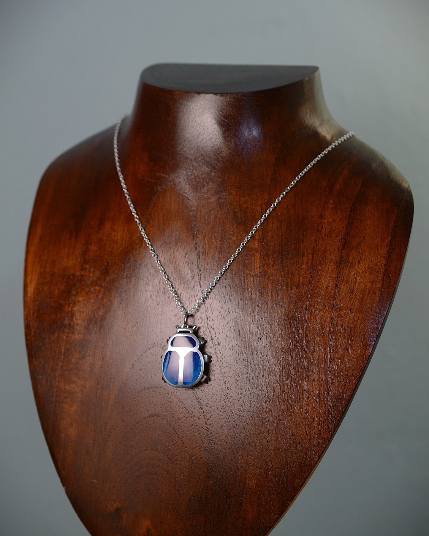 Blue Beetle pendant. Enamelled silver beetle necklace.