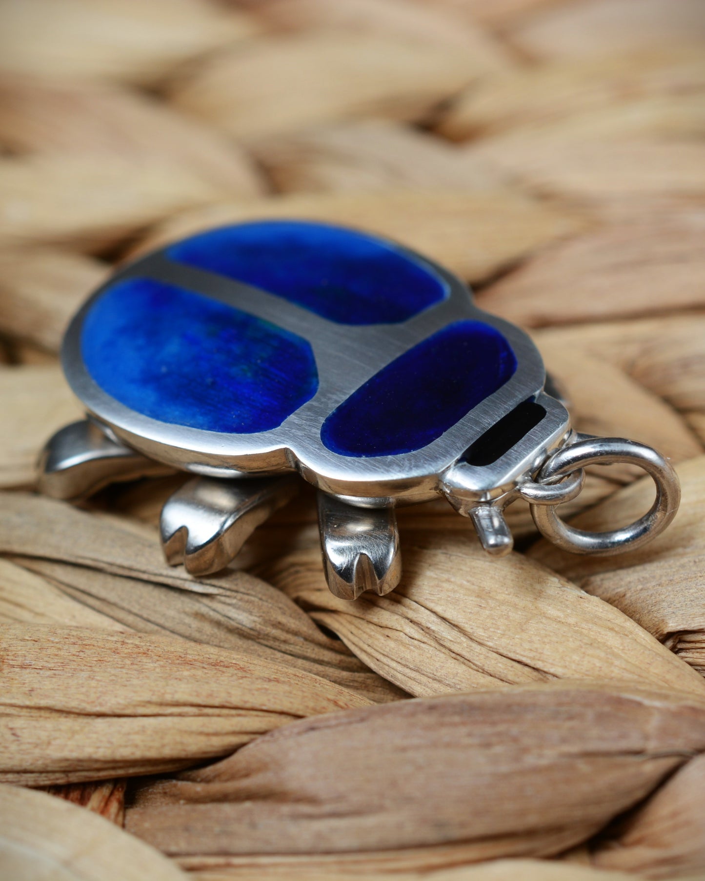 Blue Beetle pendant. Enamelled silver beetle necklace.