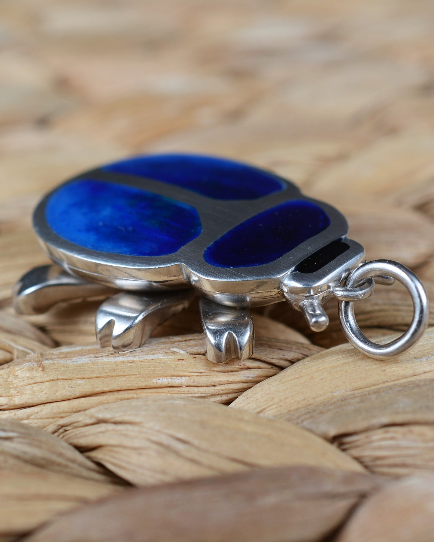 Blue Beetle pendant. Enamelled silver beetle necklace.