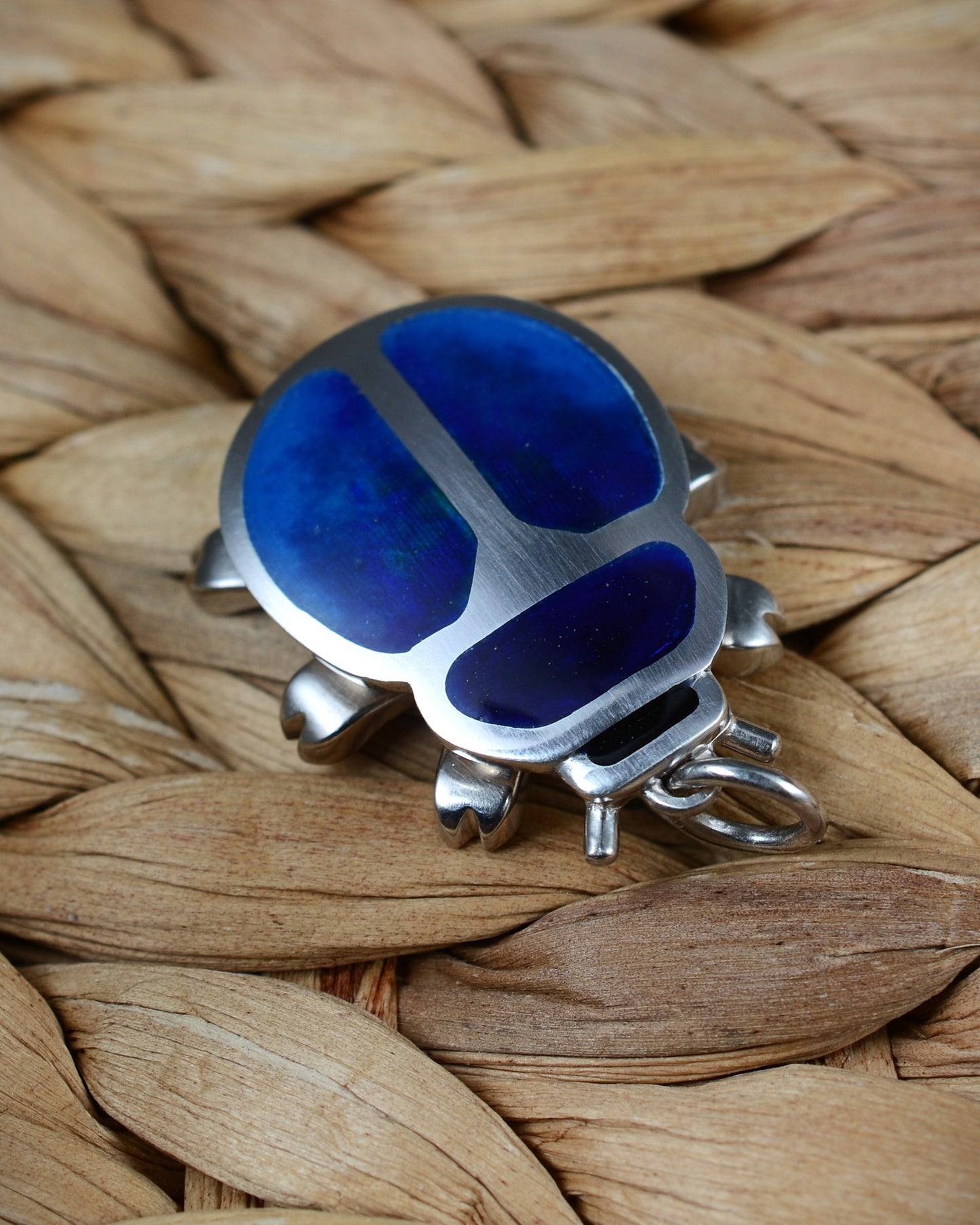 Blue Beetle pendant. Enamelled silver beetle necklace.