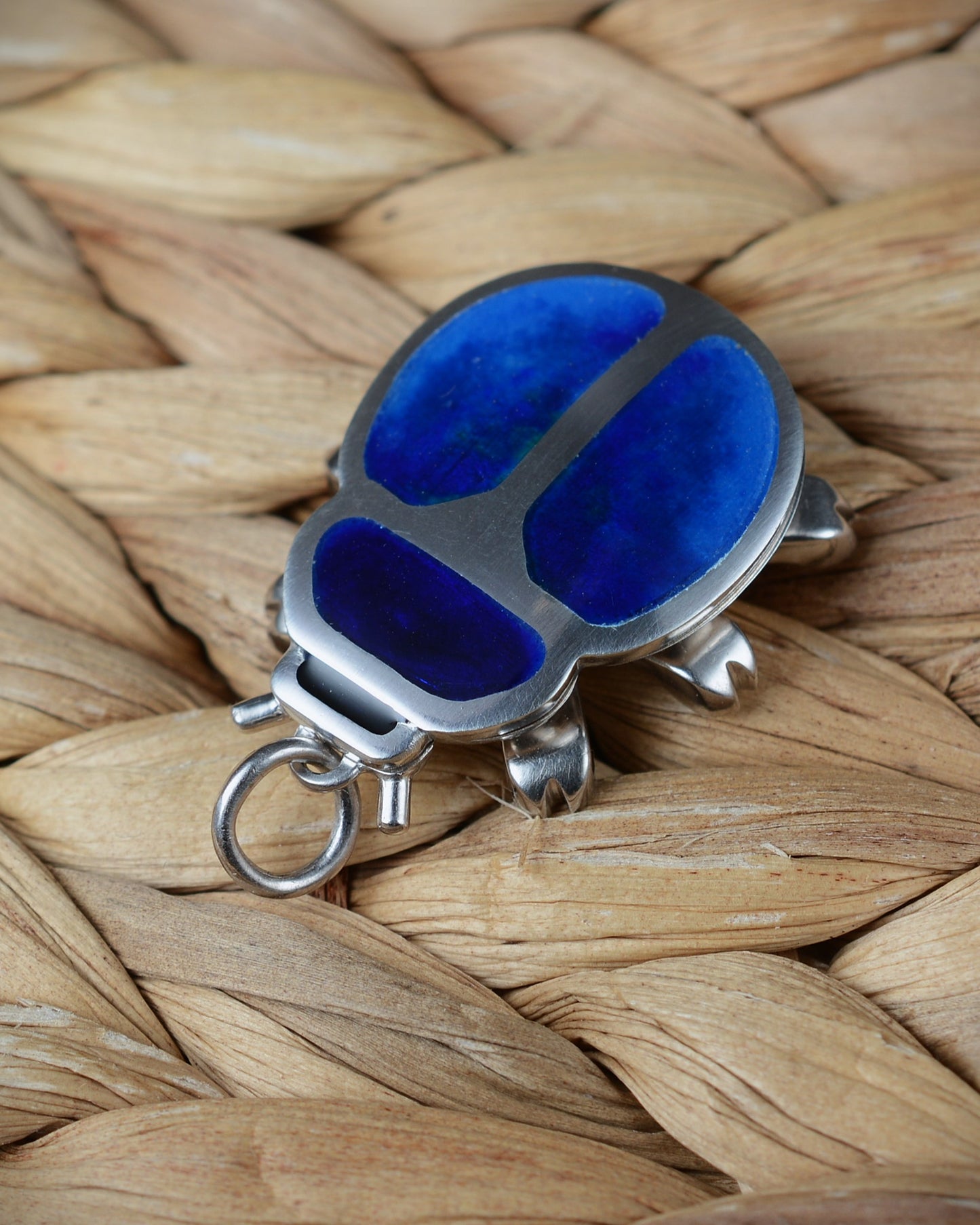 Blue Beetle pendant. Enamelled silver beetle necklace.