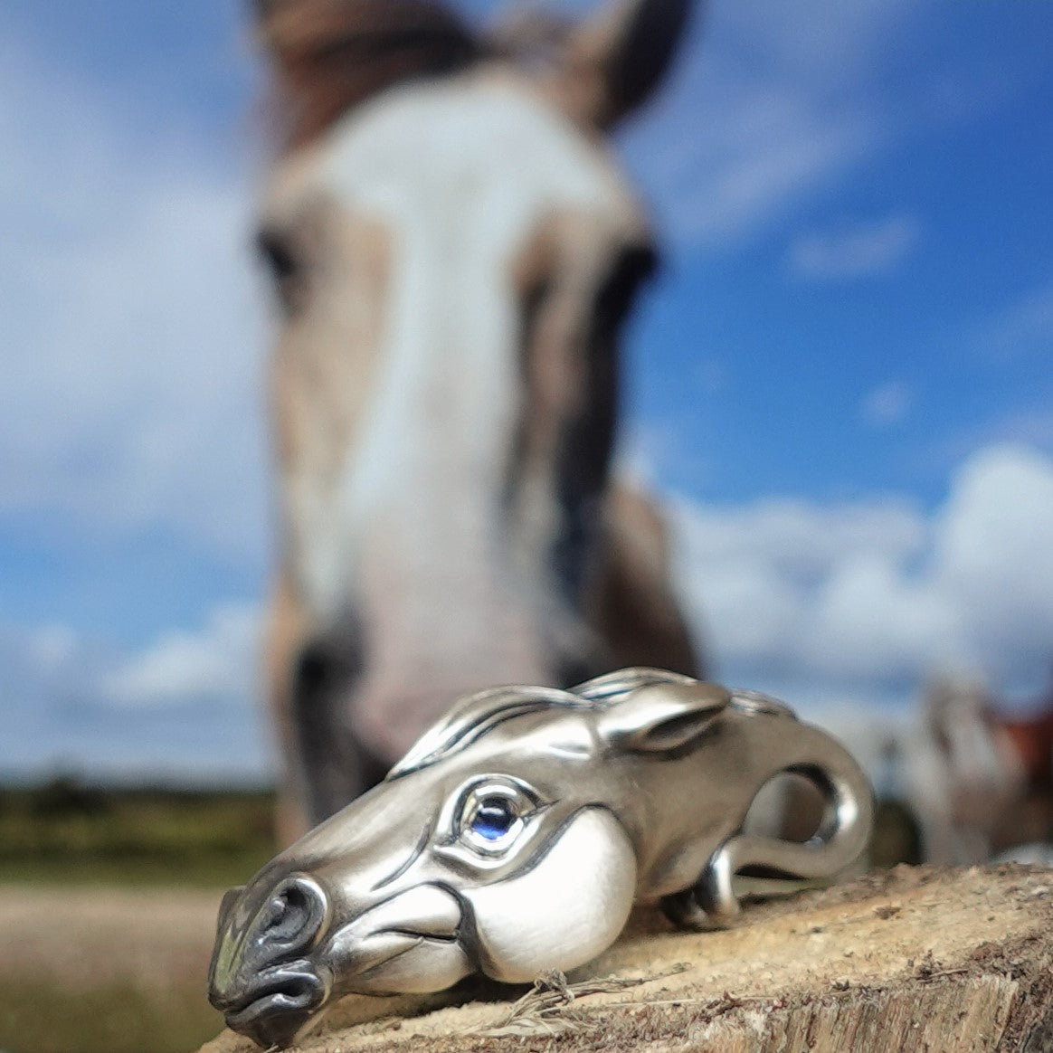Horse necklace, silver horse head pendant, silver and sapphire, equestrian jewellery. Hand made to order. © Adrian Ashley