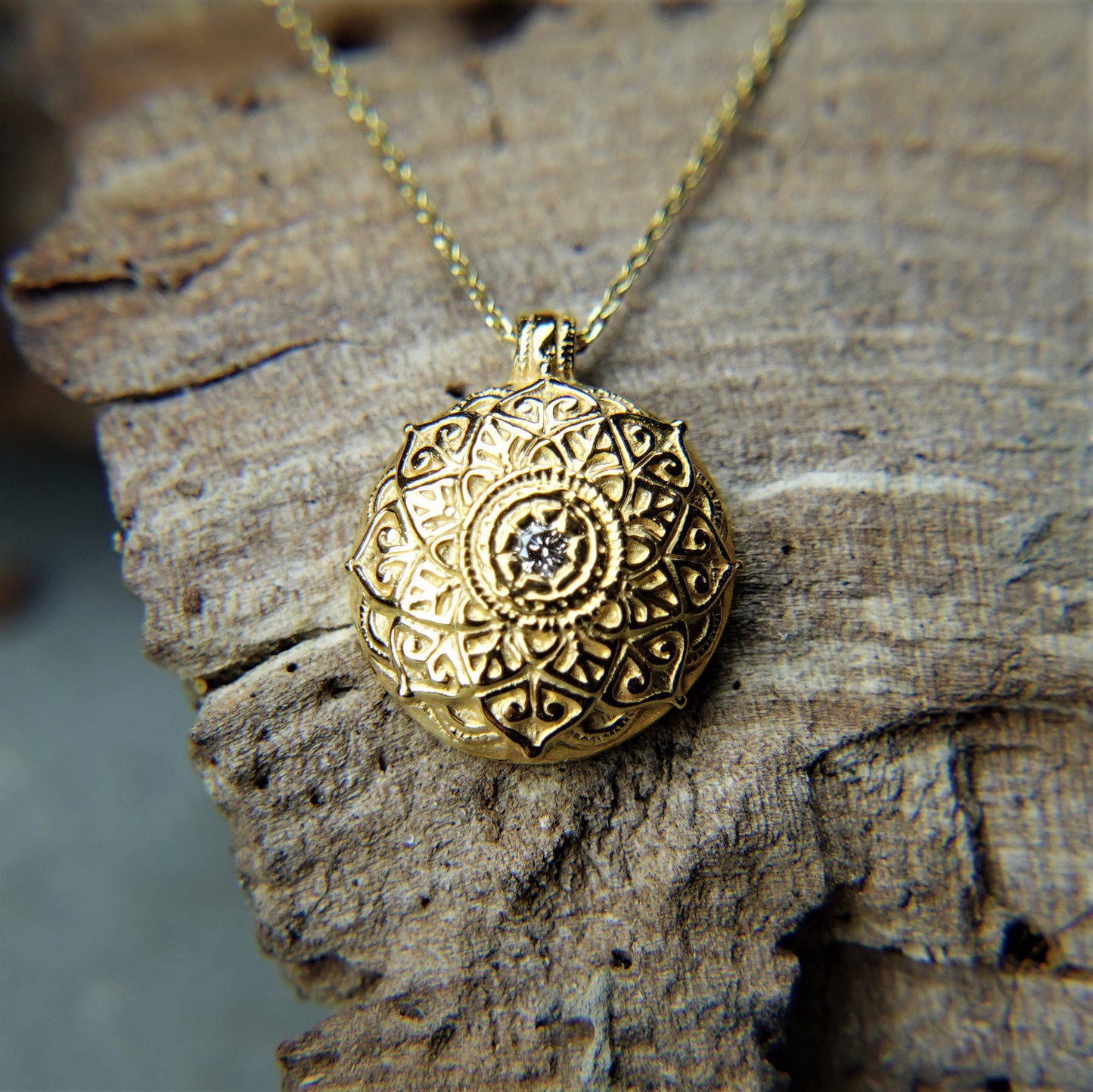 Gold and diamond Mandala necklace. Meditation, yoga or mindfulness amulet. *This piece is finished and ready to be shipped*© Adrian Ashley