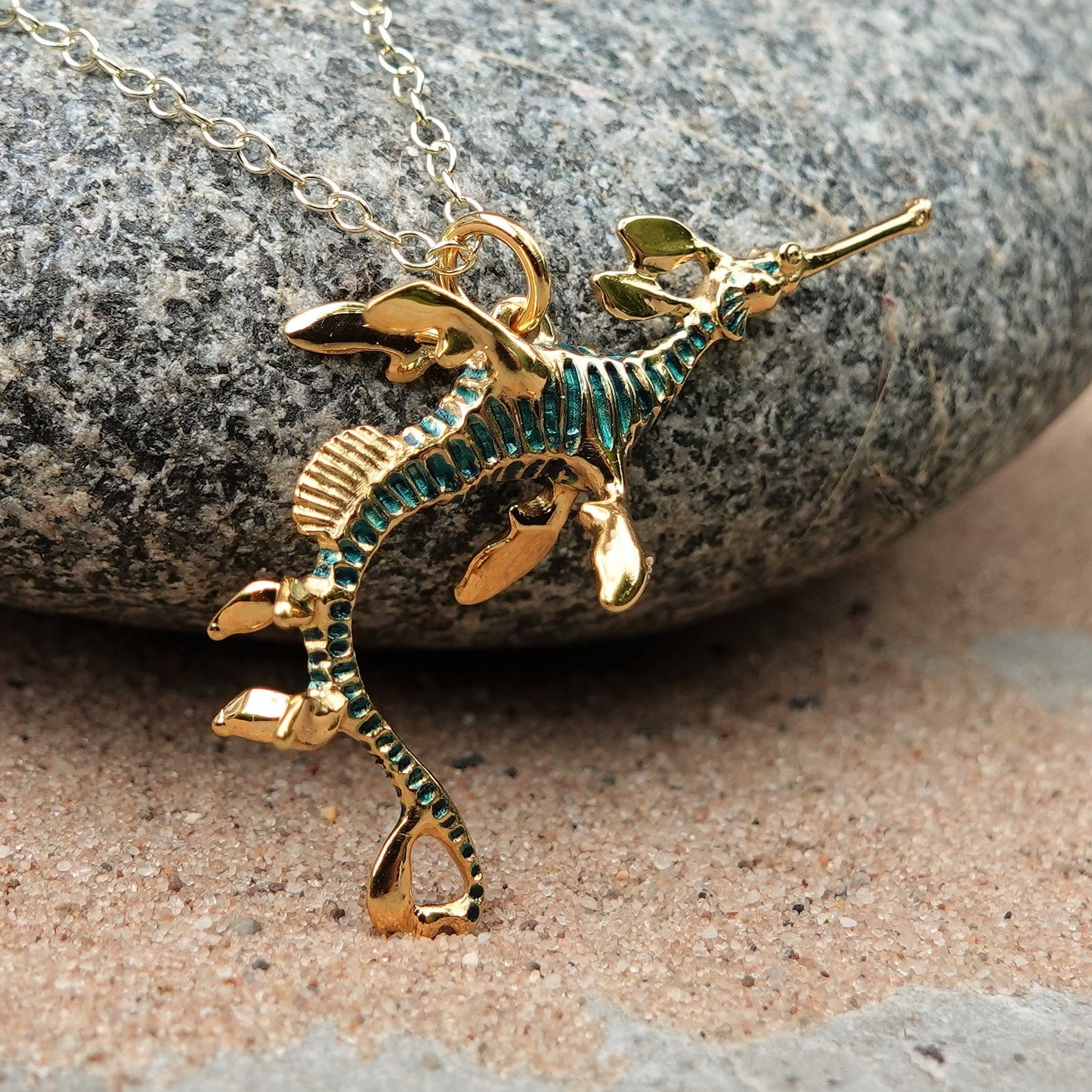 Gold sea dragon necklace, 3D weedy seadragon pendant with a blue patina and a gold chain. *This piece is finished and ready to be shipped* © Adrian Ashley