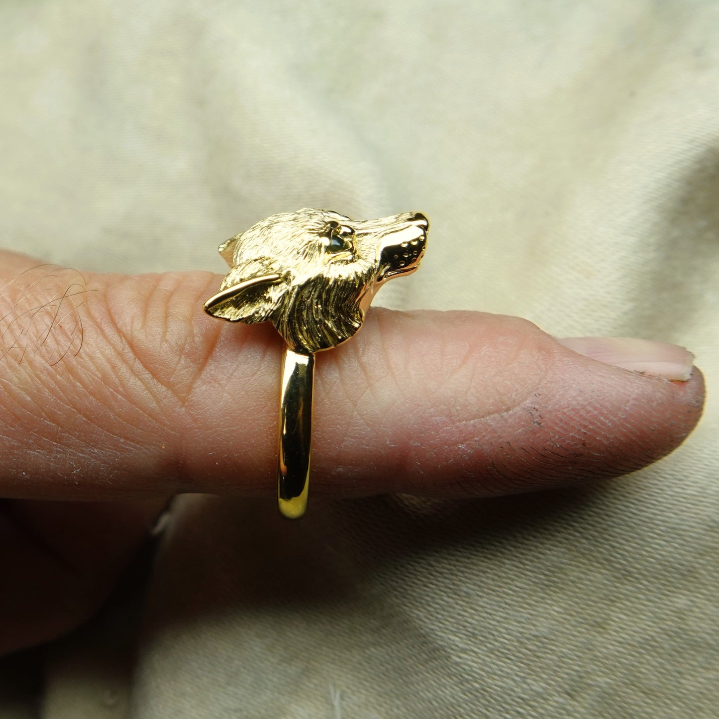 Gold wolf ring. Wolf's head ring with natural peridot gemstone eyes. *This piece is finished and ready to be shipped* © Adrian Ashley