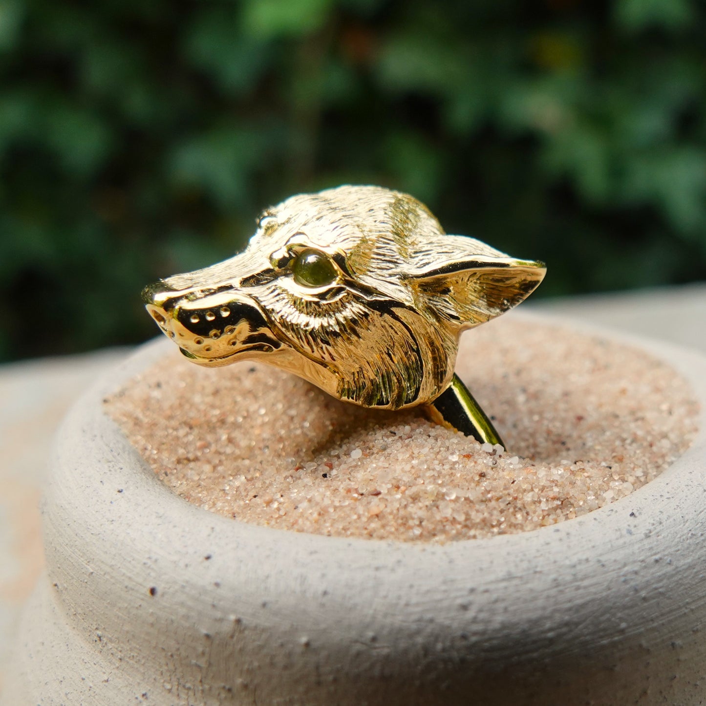 Gold wolf ring. Wolf's head ring with natural peridot gemstone eyes. *This piece is finished and ready to be shipped* © Adrian Ashley