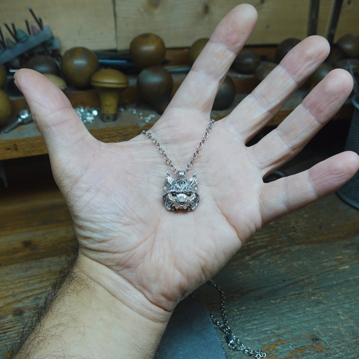 Small Lynx Necklace. Platinum plated sterling silver lynx head pendant with peridot eyes & solid silver chain. *This piece is finished and ready to be shipped* © Adrian Ashley