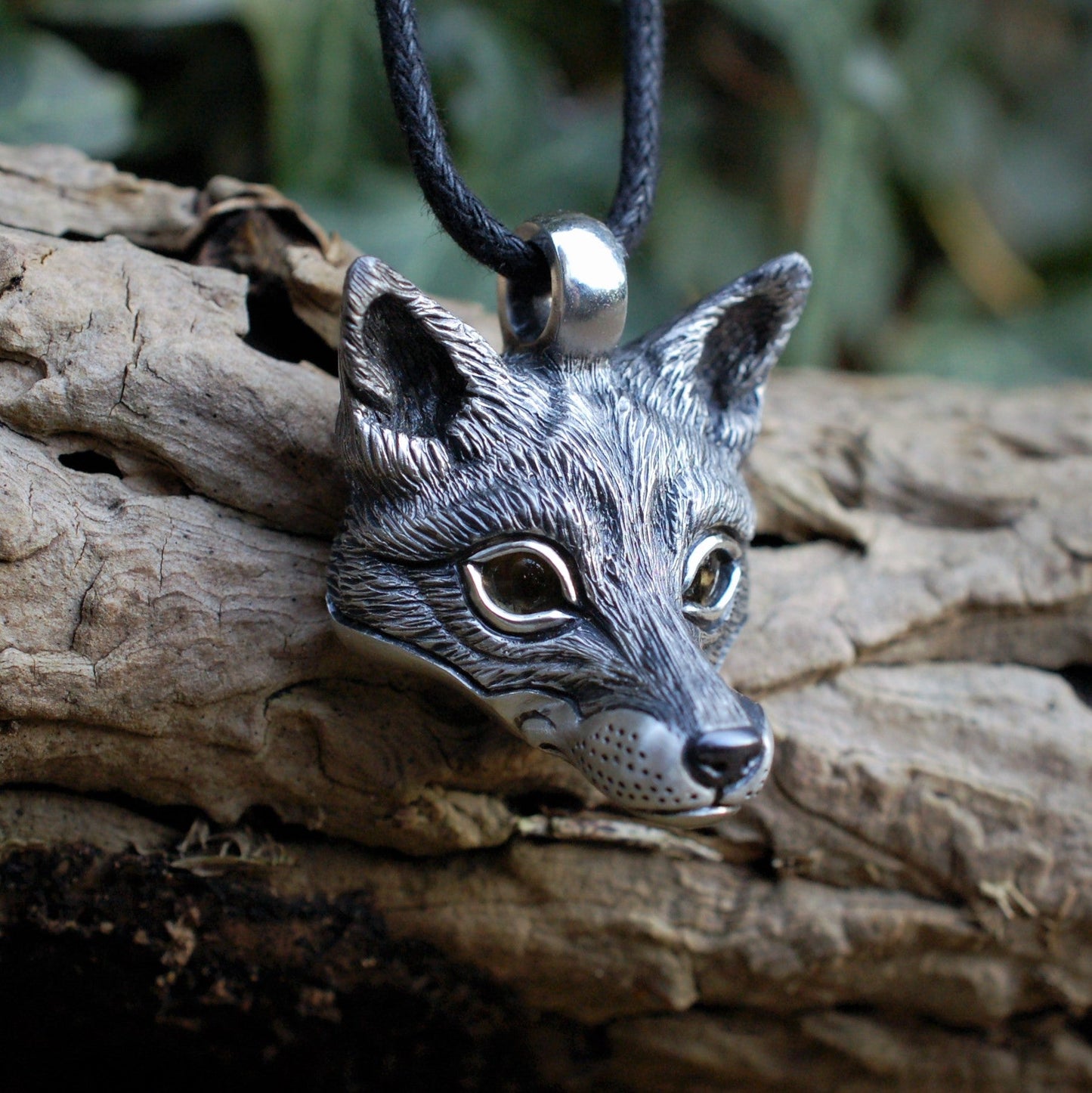 Large Fox Pendant, sterling silver fox head pendant with citrine eye. Hand made to order. © Adrian Ashley