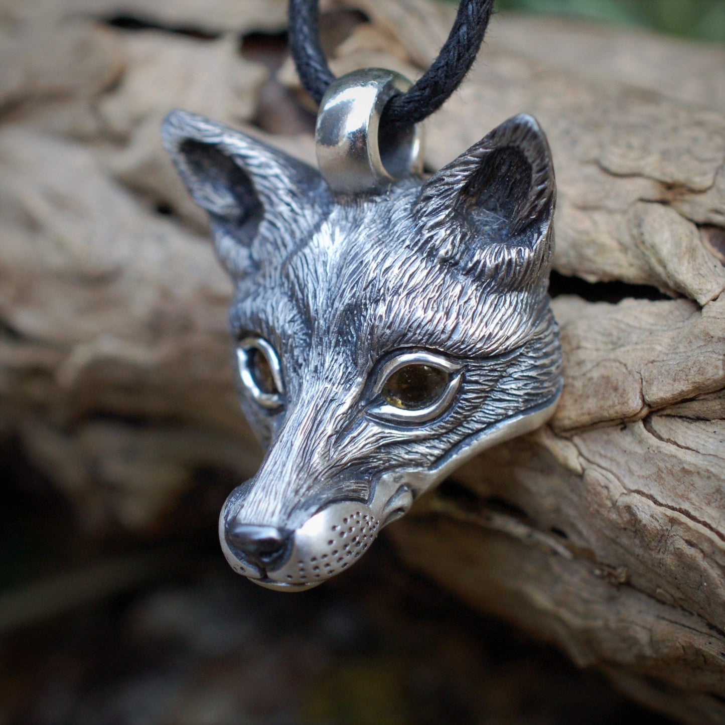 Large Fox Pendant, sterling silver fox head pendant with citrine eye. Hand made to order. © Adrian Ashley