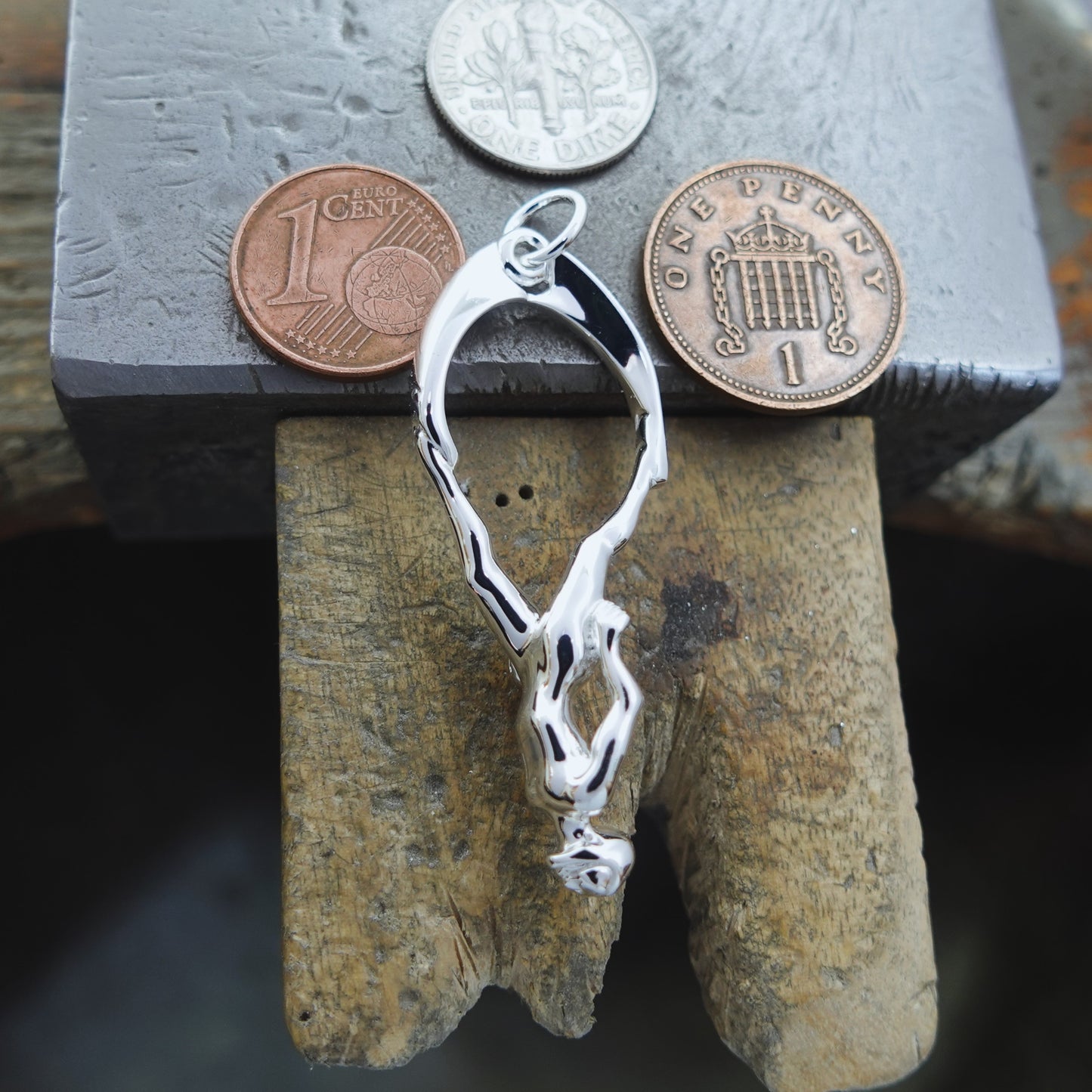 Freediver necklace. Made from highly polished, tarnish resistant silver, hung on a solid silver chain. © Adrian Ashley