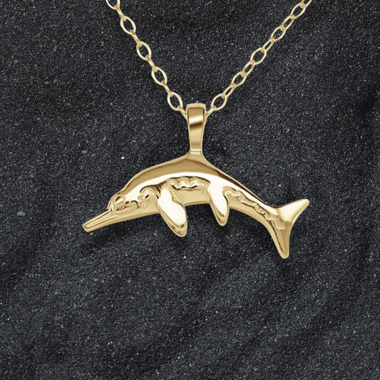 Solid gold Ichthyosaur charm pendant and chain. Hand made to order. © Adrian Ashley