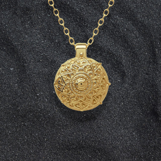 Solid gold Mandala charm pendant and chain. Hand made to order. © Adrian Ashley