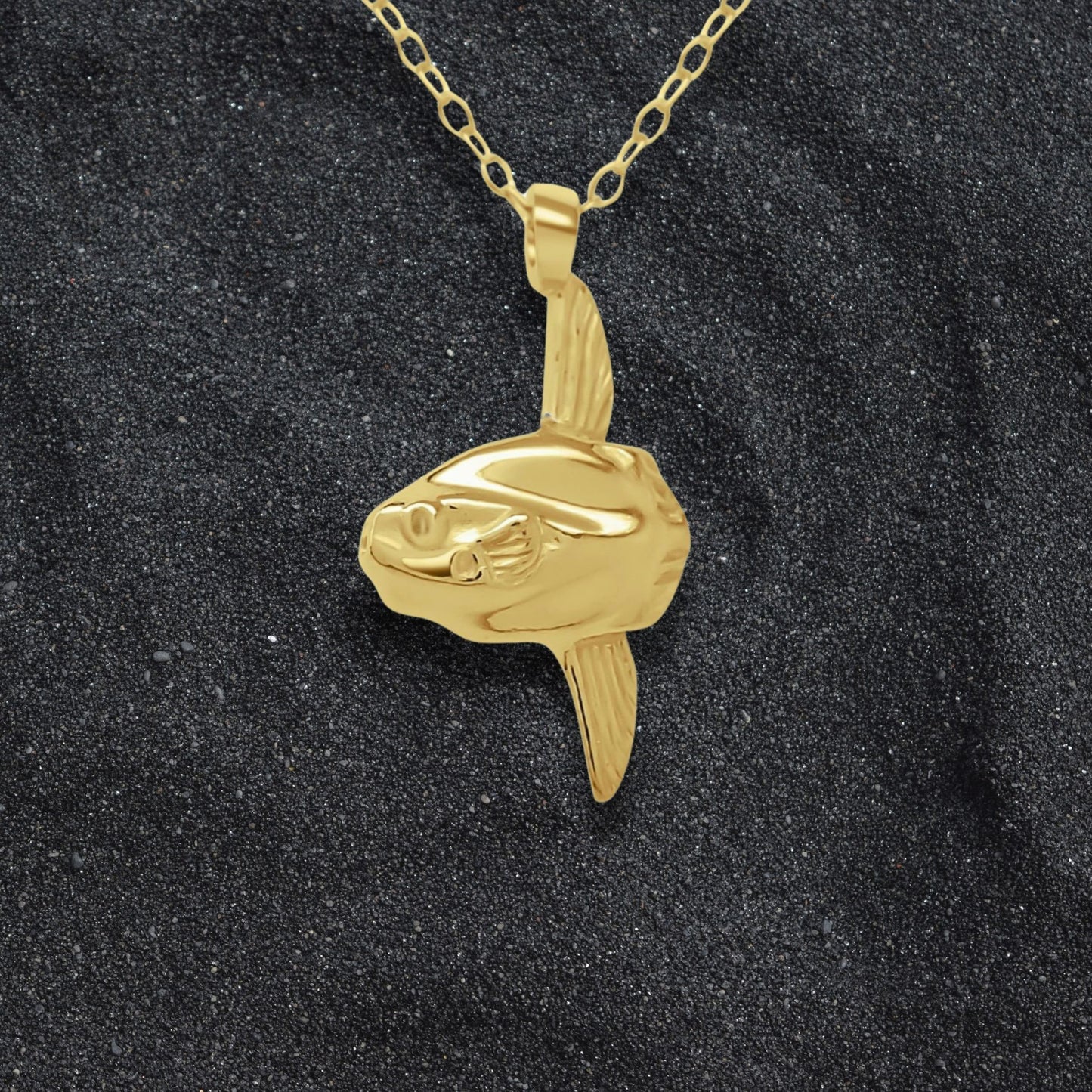 Solid gold Mola Mola charm pendant and chain. Hand made to order. © Adrian Ashley