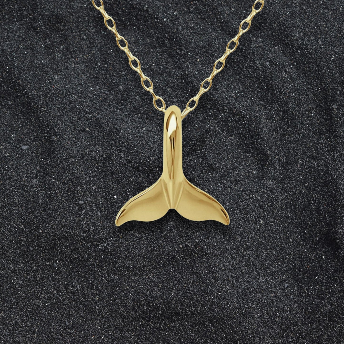 Solid gold Classic Whale Tail charm pendant and chain. Hand made to order. © Adrian Ashley