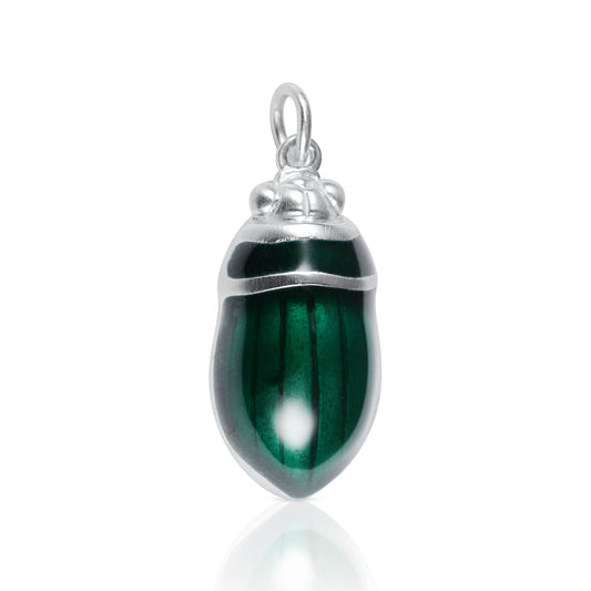 Emerald green beetle pendant. Satin finished silver diving beetle necklace.