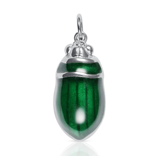 Mallard green beetle pendant. Enamelled silver diving beetle necklace.