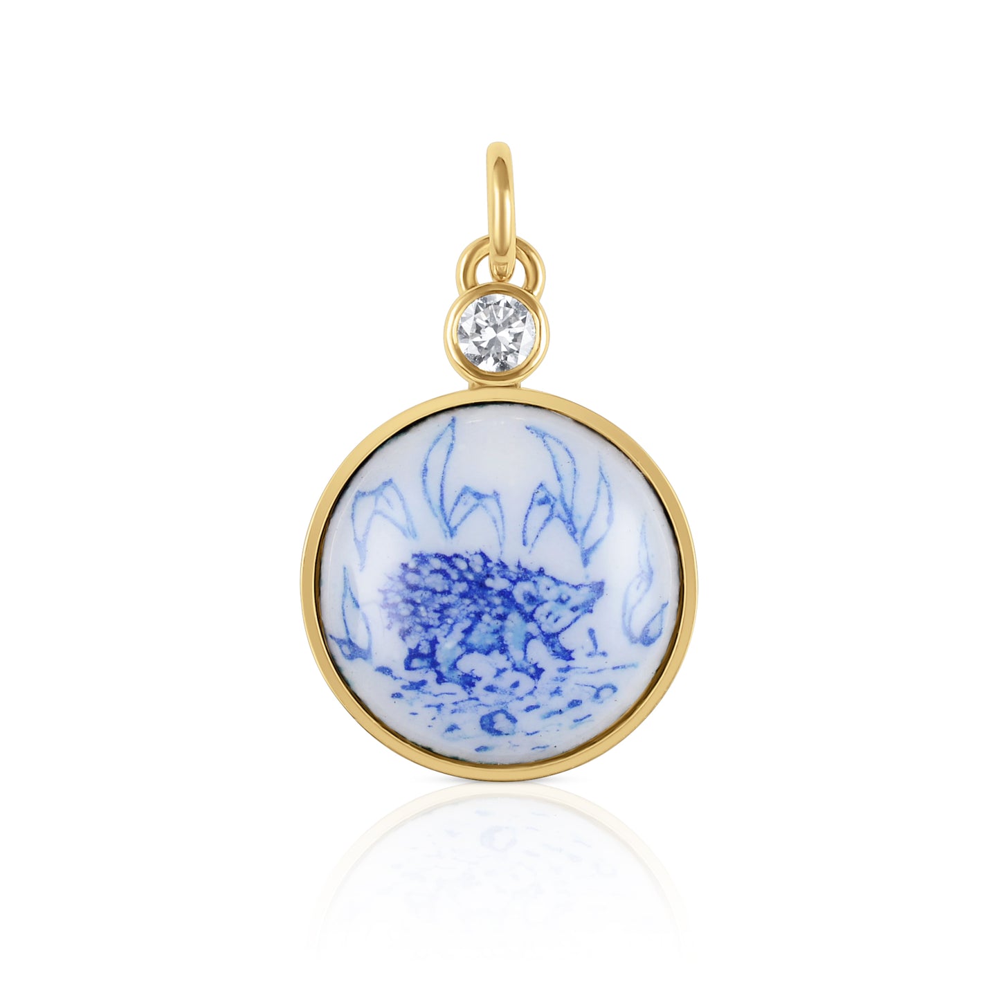 Enamelled gold and silver pendant with a hedgehog motif and natural diamond.