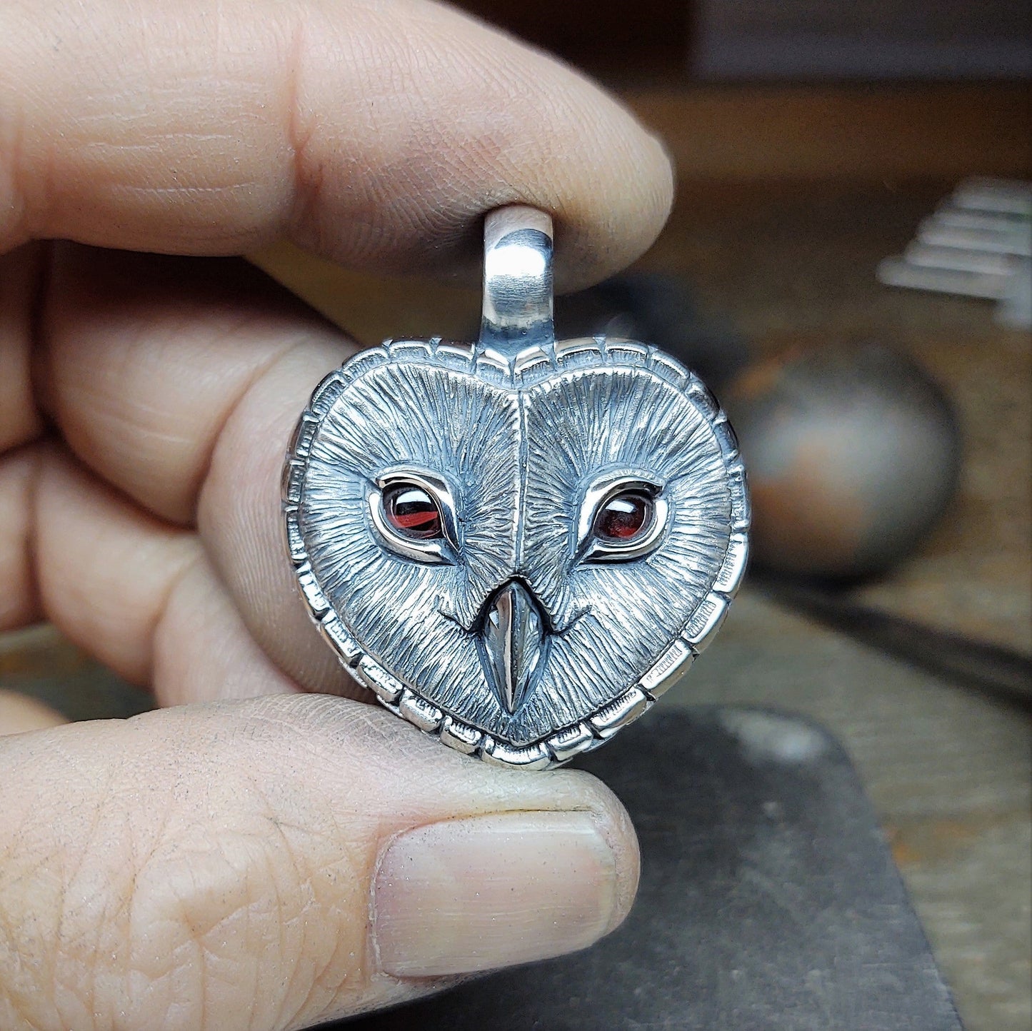 Barn Owl necklace, large sterling silver Barn Owl pendant with garnet eyes.  Hand made to order. © Adrian Ashley