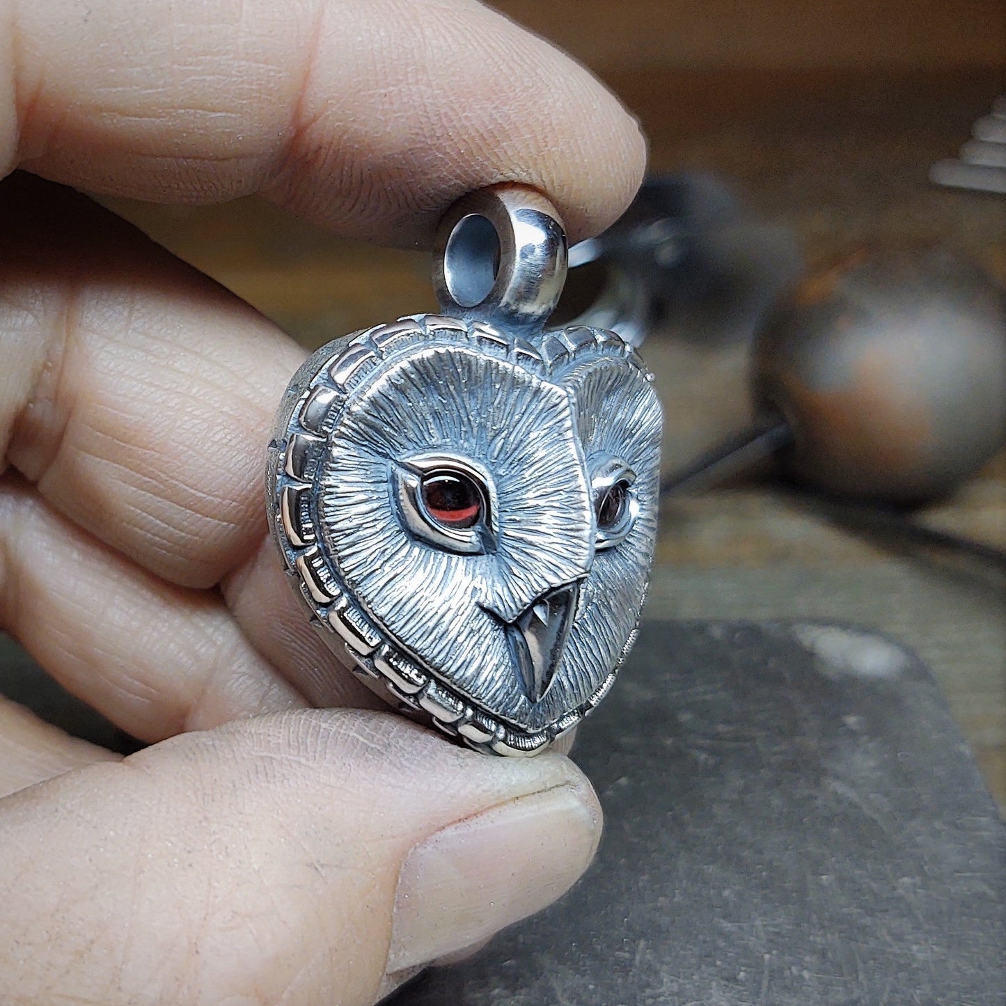 Barn Owl necklace, large sterling silver Barn Owl pendant with garnet eyes.  Hand made to order. © Adrian Ashley