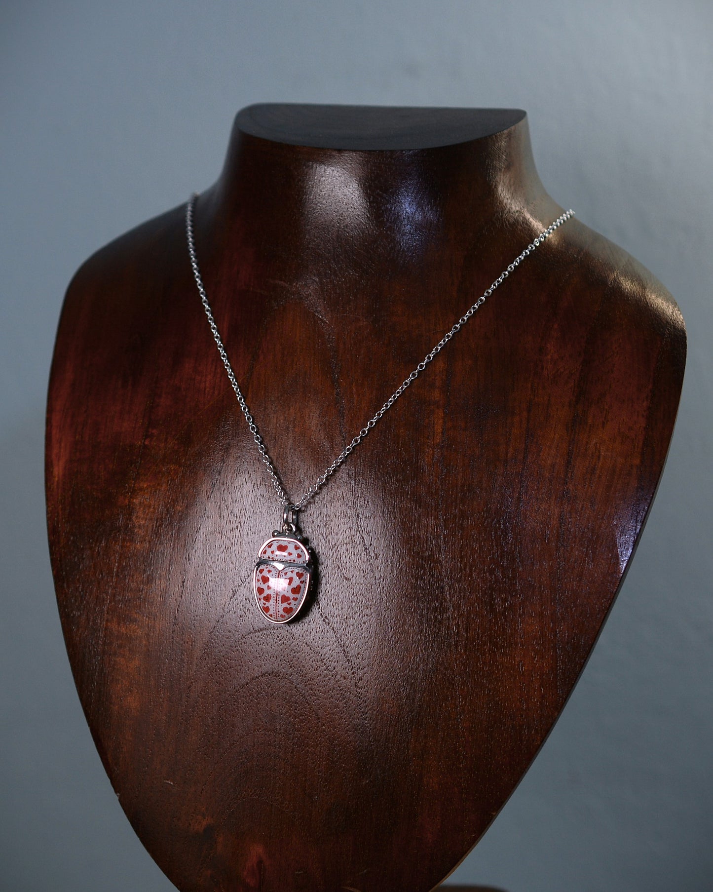 Love Bug pendant. Enamelled silver beetle necklace.