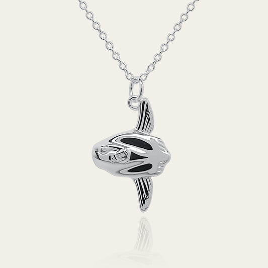 Mola Mola necklace. Made from highly polished, tarnish resistant silver, on a silver chain. © Adrian Ashley