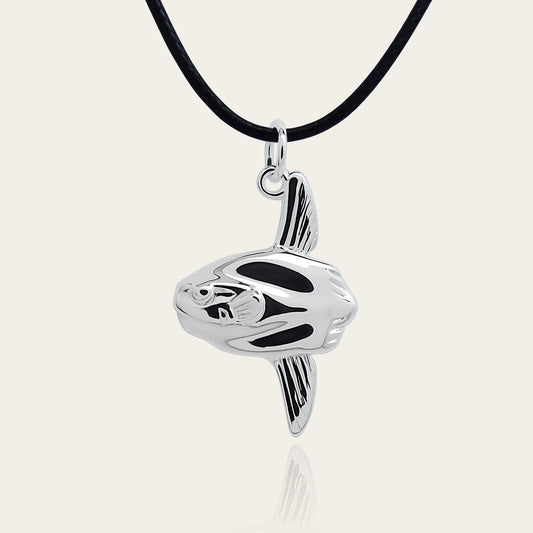 Mola Mola necklace. Made from highly polished, tarnish resistant silver, on a cord. © Adrian Ashley