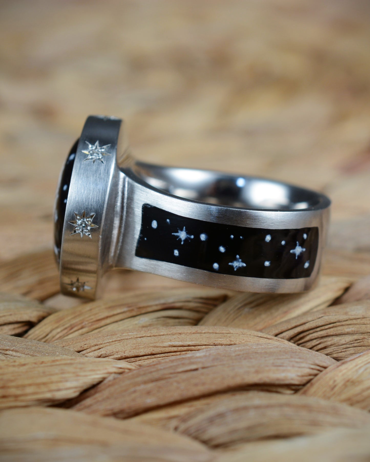 Enamel and diamond Man in the Moon ring.