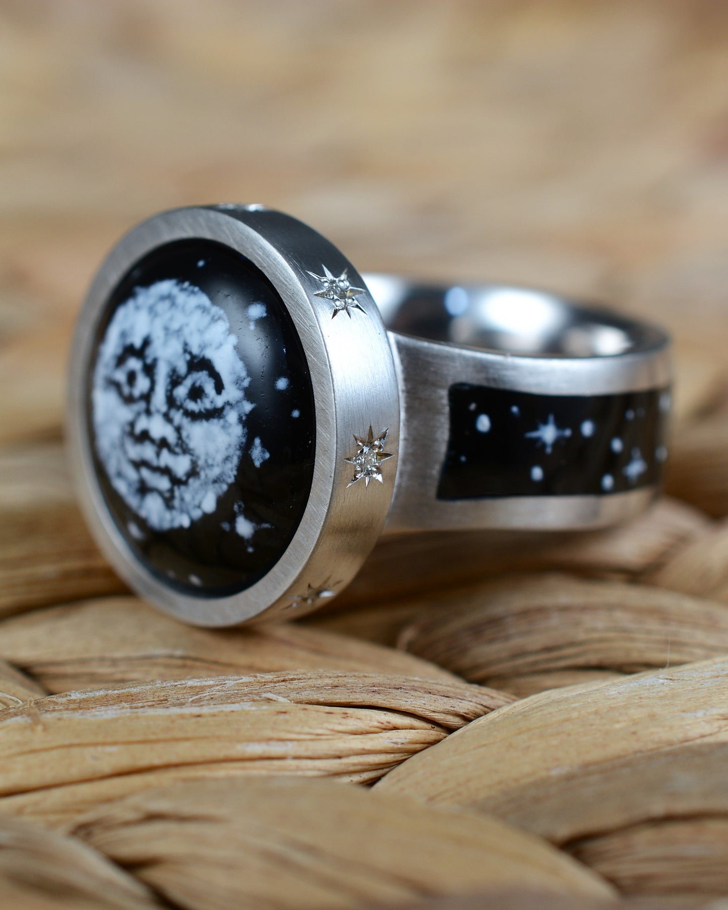 Enamel and diamond Man in the Moon ring.