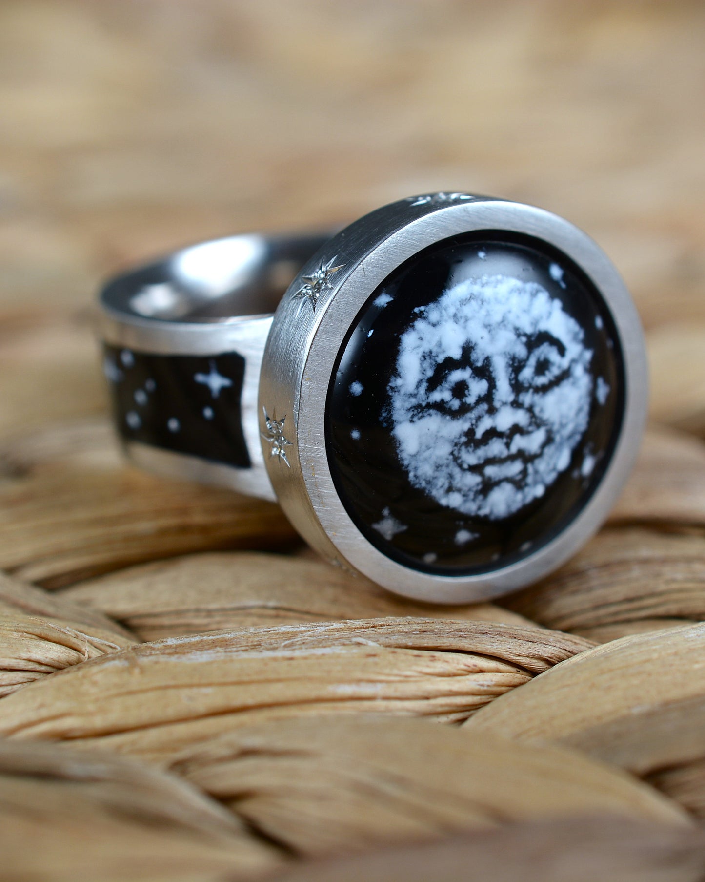 Enamel and diamond Man in the Moon ring.