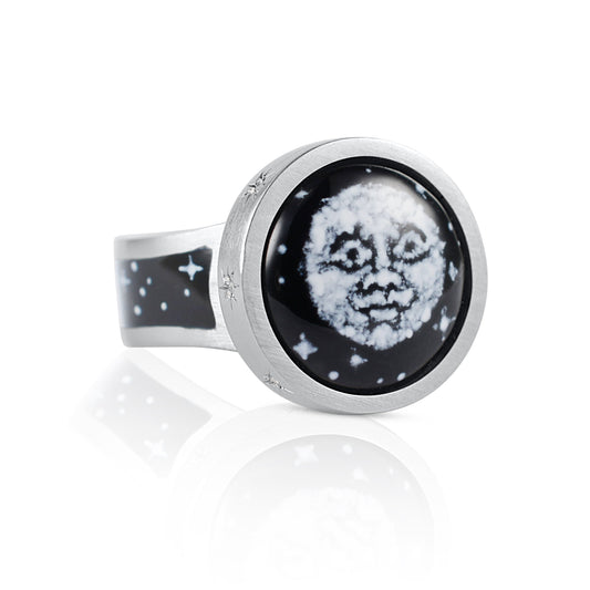 Enamel and diamond Man in the Moon ring.