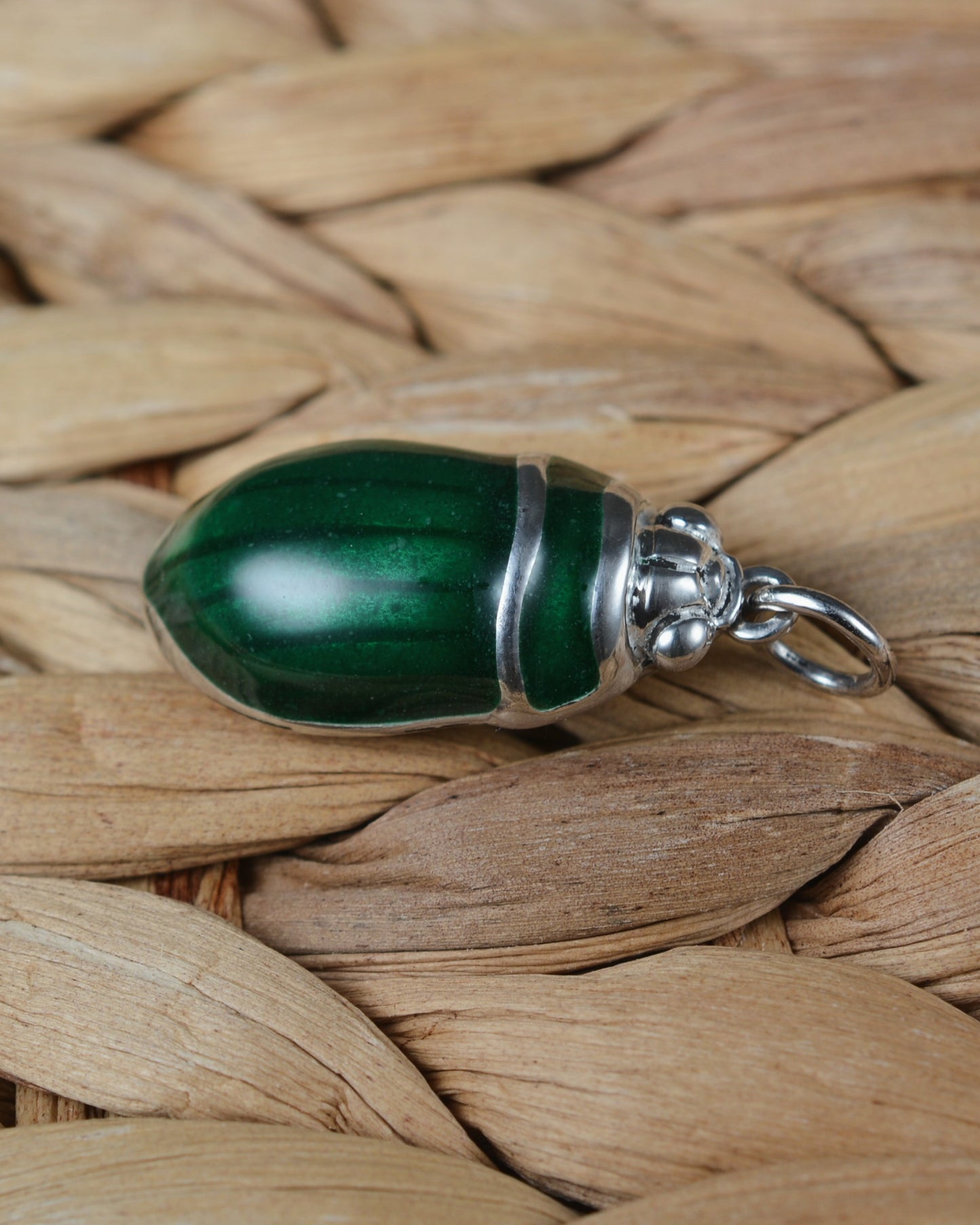 Mallard green beetle pendant. Enamelled silver diving beetle necklace.