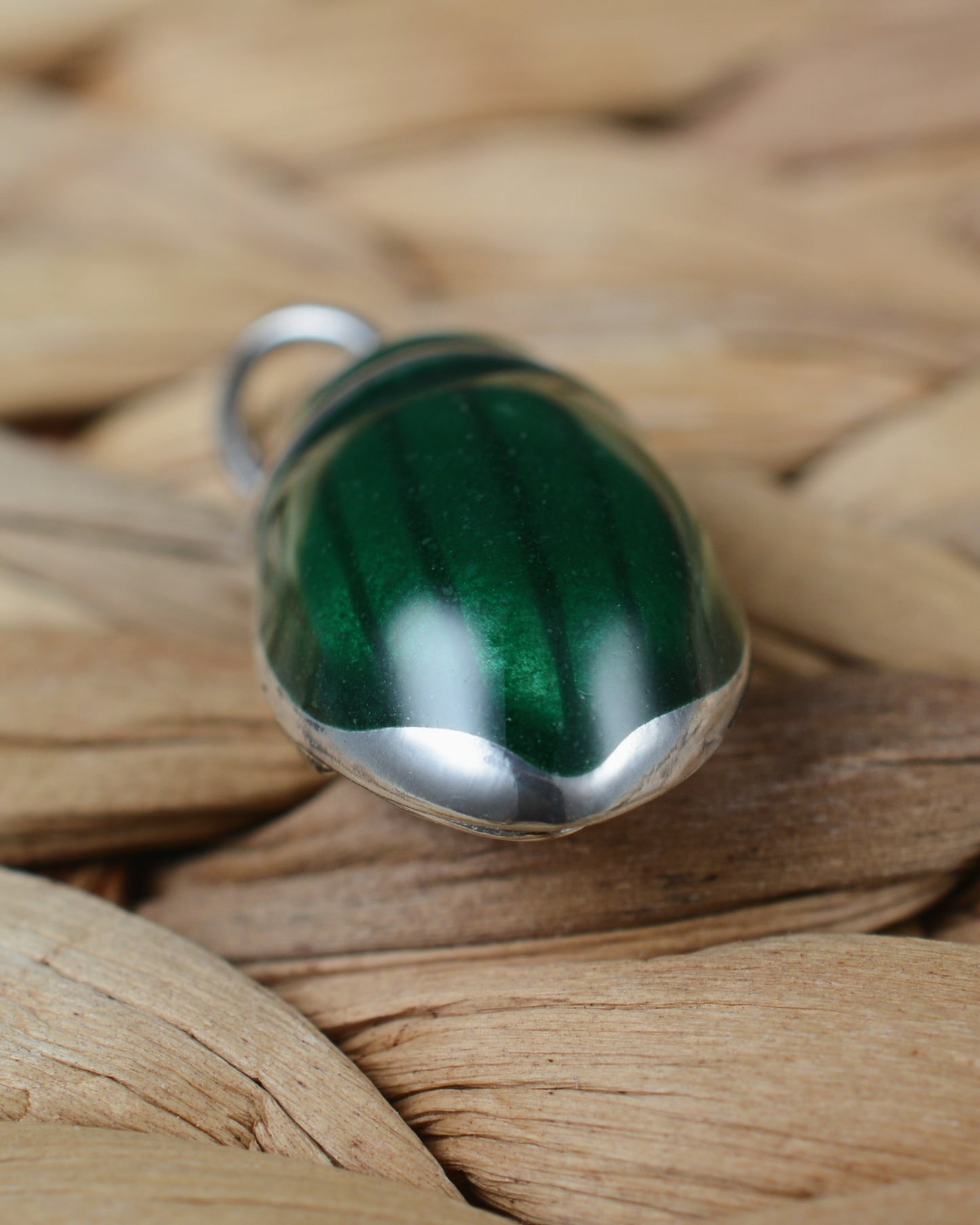 Mallard green beetle pendant. Enamelled silver diving beetle necklace.